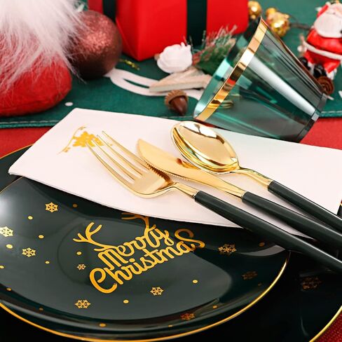 Nervure 175PCS Christmas Plastic Plates - Green and Gold Disposable Plates & Gold Plastic Silverware with Green Handle include 50 Plates 25Knives 25Forks 25Spoons 25Napkins for Christmas Party in Kuwait