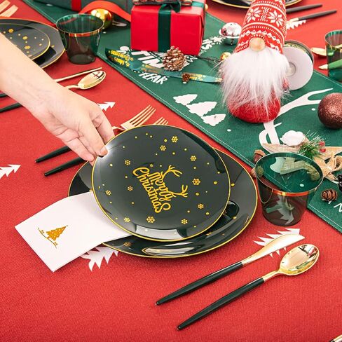 Nervure 175PCS Christmas Plastic Plates - Green and Gold Disposable Plates & Gold Plastic Silverware with Green Handle include 50 Plates 25Knives 25Forks 25Spoons 25Napkins for Christmas Party in Kuwait