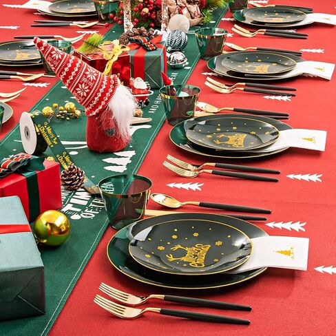 Nervure 175PCS Christmas Plastic Plates - Green and Gold Disposable Plates & Gold Plastic Silverware with Green Handle include 50 Plates 25Knives 25Forks 25Spoons 25Napkins for Christmas Party in Kuwait