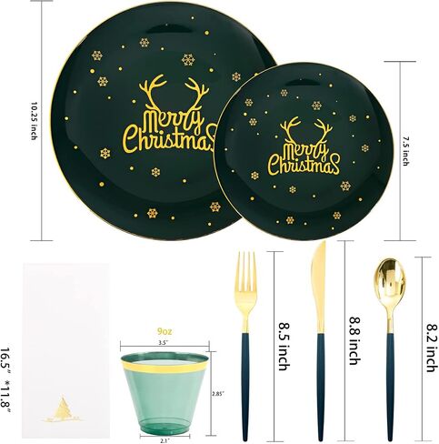 Nervure 175PCS Christmas Plastic Plates - Green and Gold Disposable Plates & Gold Plastic Silverware with Green Handle include 50 Plates 25Knives 25Forks 25Spoons 25Napkins for Christmas Party in Kuwait