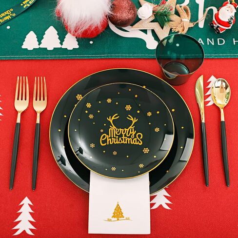 Nervure 175PCS Christmas Plastic Plates - Green and Gold Disposable Plates & Gold Plastic Silverware with Green Handle include 50 Plates 25Knives 25Forks 25Spoons 25Napkins for Christmas Party in Kuwait