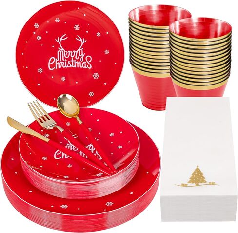Nervure 175PCS Christmas Plastic Plates - Green and Gold Disposable Plates & Gold Plastic Silverware with Green Handle include 50 Plates 25Knives 25Forks 25Spoons 25Napkins for Christmas Party in Kuwait