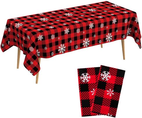 Christmas Tablecloth,2 PCS 108 x 54in Christmas Checkered Tablecloth Plastic Red Black Buffalo Plaid Rectangle Christmas Table Cover Disposable Snowflake Tablecloth for Xmas Party Decor Winter Holiday in Kuwait
