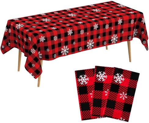 Christmas Tablecloth,2 PCS 108 x 54in Christmas Checkered Tablecloth Plastic Red Black Buffalo Plaid Rectangle Christmas Table Cover Disposable Snowflake Tablecloth for Xmas Party Decor Winter Holiday in Kuwait