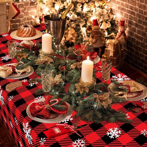 Christmas Tablecloth,2 PCS 108 x 54in Christmas Checkered Tablecloth Plastic Red Black Buffalo Plaid Rectangle Christmas Table Cover Disposable Snowflake Tablecloth for Xmas Party Decor Winter Holiday in Kuwait