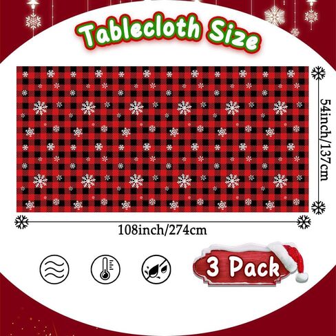 Christmas Tablecloth,2 PCS 108 x 54in Christmas Checkered Tablecloth Plastic Red Black Buffalo Plaid Rectangle Christmas Table Cover Disposable Snowflake Tablecloth for Xmas Party Decor Winter Holiday in Kuwait