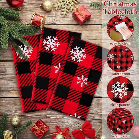 Christmas Tablecloth,2 PCS 108 x 54in Christmas Checkered Tablecloth Plastic Red Black Buffalo Plaid Rectangle Christmas Table Cover Disposable Snowflake Tablecloth for Xmas Party Decor Winter Holiday in Kuwait