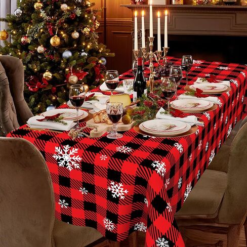 Christmas Tablecloth,2 PCS 108 x 54in Christmas Checkered Tablecloth Plastic Red Black Buffalo Plaid Rectangle Christmas Table Cover Disposable Snowflake Tablecloth for Xmas Party Decor Winter Holiday in Kuwait