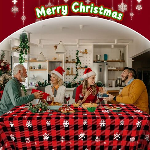 Christmas Tablecloth,2 PCS 108 x 54in Christmas Checkered Tablecloth Plastic Red Black Buffalo Plaid Rectangle Christmas Table Cover Disposable Snowflake Tablecloth for Xmas Party Decor Winter Holiday in Kuwait