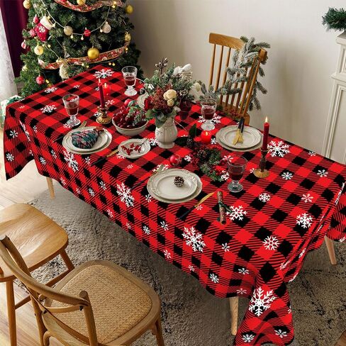 Christmas Tablecloth,2 PCS 108 x 54in Christmas Checkered Tablecloth Plastic Red Black Buffalo Plaid Rectangle Christmas Table Cover Disposable Snowflake Tablecloth for Xmas Party Decor Winter Holiday in Kuwait