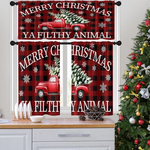 Christmas Kitchen Curtains Christmas Tree Grey RedWindow Curtains Valance and Tier Set 36 Inch Rod Pocket Short Tier Curtain for Room Kitchen Decor in Saudi Arabia