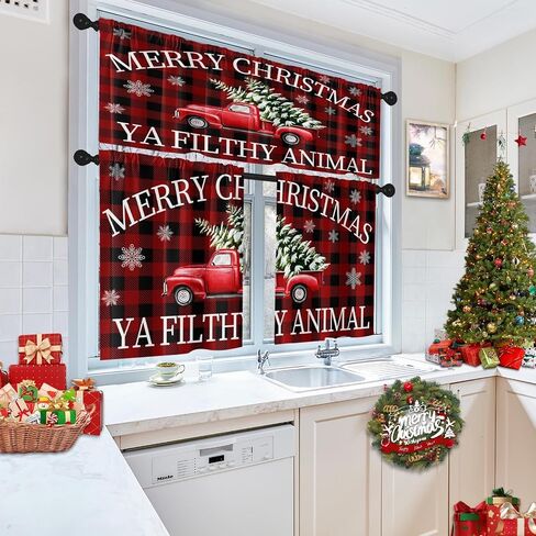 Christmas Kitchen Curtains Christmas Tree Grey RedWindow Curtains Valance and Tier Set 36 Inch Rod Pocket Short Tier Curtain for Room Kitchen Decor in Saudi Arabia