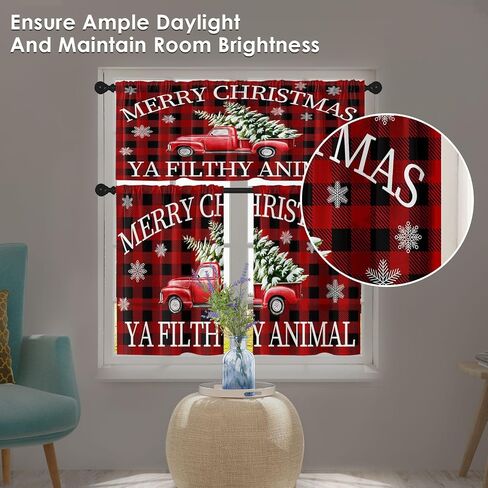 Christmas Kitchen Curtains Christmas Tree Grey RedWindow Curtains Valance and Tier Set 36 Inch Rod Pocket Short Tier Curtain for Room Kitchen Decor in Saudi Arabia
