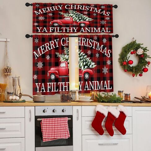 Christmas Kitchen Curtains Christmas Tree Grey RedWindow Curtains Valance and Tier Set 36 Inch Rod Pocket Short Tier Curtain for Room Kitchen Decor in Saudi Arabia
