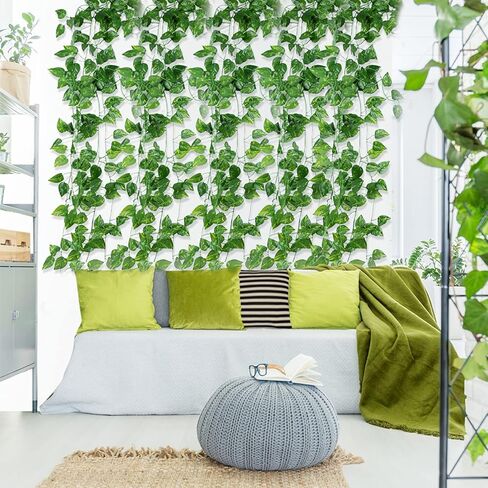 auihiay 93 قدم 12 فروع نبات اللبلاب الاصطناعي نبات إكليل الكرمة و 24 قطعة أوراق النخيل الاصطناعية للمنزل جدار حديقة استحمام الطفل حفل زفاف ديكور المنزل in Kuwait