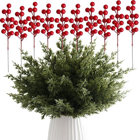 Htmeing 60PCS Artificial Pine Picks Greenery Stems Branches with Red Berry Stems for DIY Craft Garland Projects Arrangement (Small Red Berry) in Kuwait
