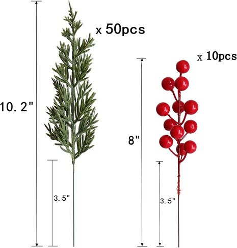 Htmeing 60PCS Artificial Pine Picks Greenery Stems Branches with Red Berry Stems for DIY Craft Garland Projects Arrangement (Small Red Berry) in Kuwait