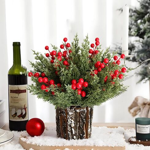 Htmeing 60PCS Artificial Pine Picks Greenery Stems Branches with Red Berry Stems for DIY Craft Garland Projects Arrangement (Small Red Berry) in Kuwait