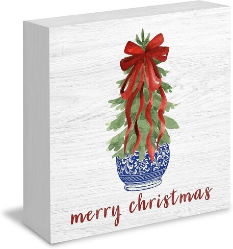 Chinoiserie Blue and White Coquette Red Bow Christmas Tree Wooden Box Signs, Grandmillennial Home Decor, Merry Christmas Wooden Signs for Home Office Desk Table Shelf Decor, 5x5 Inch in Kuwait