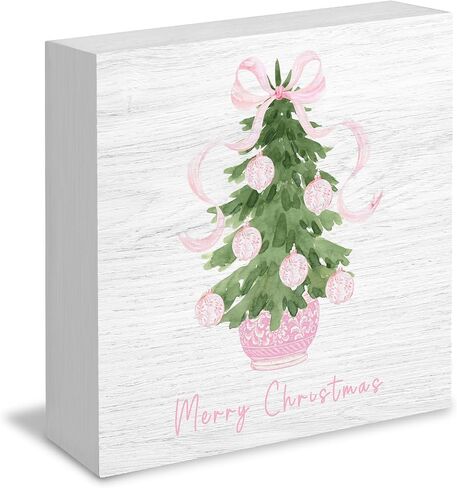 Chinoiserie Blue and White Coquette Red Bow Christmas Tree Wooden Box Signs, Grandmillennial Home Decor, Merry Christmas Wooden Signs for Home Office Desk Table Shelf Decor, 5x5 Inch in Kuwait
