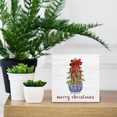 Chinoiserie Blue and White Coquette Red Bow Christmas Tree Wooden Box Signs, Grandmillennial Home Decor, Merry Christmas Wooden Signs for Home Office Desk Table Shelf Decor, 5x5 Inch in Kuwait