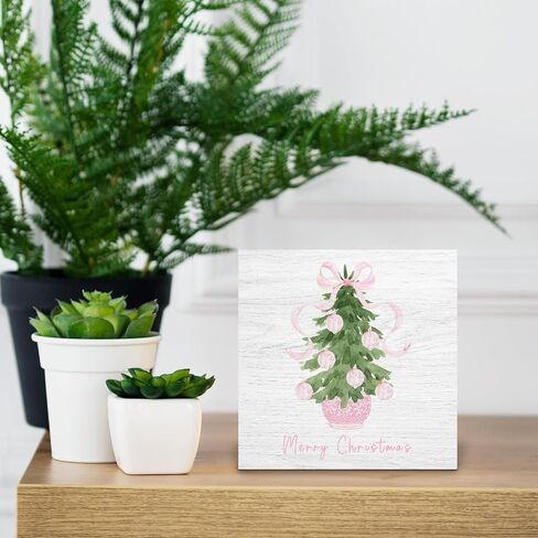 Chinoiserie Blue and White Coquette Red Bow Christmas Tree Wooden Box Signs, Grandmillennial Home Decor, Merry Christmas Wooden Signs for Home Office Desk Table Shelf Decor, 5x5 Inch in Kuwait