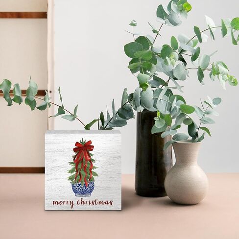 Chinoiserie Blue and White Coquette Red Bow Christmas Tree Wooden Box Signs, Grandmillennial Home Decor, Merry Christmas Wooden Signs for Home Office Desk Table Shelf Decor, 5x5 Inch in Kuwait