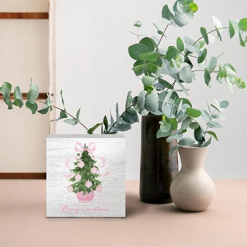 Chinoiserie Blue and White Coquette Red Bow Christmas Tree Wooden Box Signs, Grandmillennial Home Decor, Merry Christmas Wooden Signs for Home Office Desk Table Shelf Decor, 5x5 Inch in Kuwait