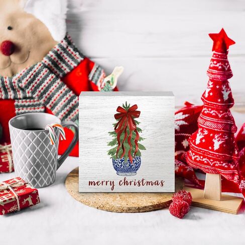 Chinoiserie Blue and White Coquette Red Bow Christmas Tree Wooden Box Signs, Grandmillennial Home Decor, Merry Christmas Wooden Signs for Home Office Desk Table Shelf Decor, 5x5 Inch in Kuwait