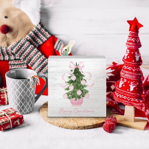 Chinoiserie Blue and White Coquette Red Bow Christmas Tree Wooden Box Signs, Grandmillennial Home Decor, Merry Christmas Wooden Signs for Home Office Desk Table Shelf Decor, 5x5 Inch in Kuwait