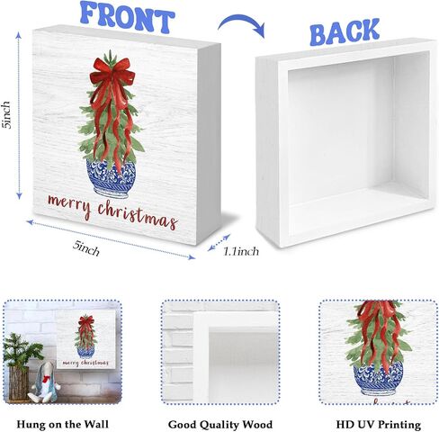 Chinoiserie Blue and White Coquette Red Bow Christmas Tree Wooden Box Signs, Grandmillennial Home Decor, Merry Christmas Wooden Signs for Home Office Desk Table Shelf Decor, 5x5 Inch in Kuwait