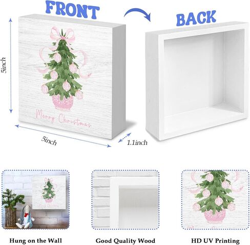 Chinoiserie Blue and White Coquette Red Bow Christmas Tree Wooden Box Signs, Grandmillennial Home Decor, Merry Christmas Wooden Signs for Home Office Desk Table Shelf Decor, 5x5 Inch in Kuwait