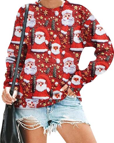 FASHGL عيد الميلاد البلوز المرأة القبيحة عيد الميلاد سانتا الجرافيك قميص مضحك هدايا عيد الميلاد طويلة الأكمام البلوز القمم in Kuwait