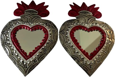 Tin Hearts with Mirror - Handcrafted Milagritos from Oaxaca, Mexico - Sizes Vary from 4 to 6 inches - Random Design (2, Red, Medium) in Saudi Arabia