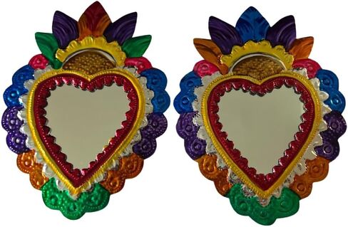 Tin Hearts with Mirror - Handcrafted Milagritos from Oaxaca, Mexico - Sizes Vary from 4 to 6 inches - Random Design (2, Red, Medium) in Saudi Arabia