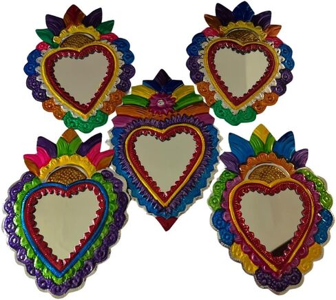 Tin Hearts with Mirror - Handcrafted Milagritos from Oaxaca, Mexico - Sizes Vary from 4 to 6 inches - Random Design (2, Red, Medium) in Saudi Arabia