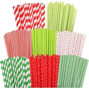 500 Pieces Christmas Paper Straws 8 Styles Disposable Red and Green Paper Straws Stripe Chevron Bicolor Stripe Dot Chevron Straw Mix for Christmas Supplies and Party Favors