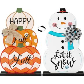 B1ykin Fall Winter Farmhouse Pumpkin Snowman Reversible Wooden Decoration Centerpieces, Autumn Double Printed Table Topper Freestanding Table Signs Set for Home Thanksgiving Christmas