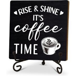Funny Office Desk Decor, Coffee Bar Accessories, Rise And Shine It's Coffee Time Wooden Sign, Birthday Christmas Inspirational Gifts for Women Men, Cute Cool Desk Accessories for Home Office-D28