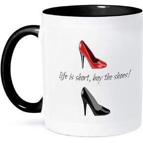 3dRose Life Is Short Buy Picture Of Shoes Black Lettering Two Tone Mug, 11 oz