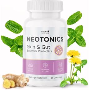 Neotonics Skin and Gut Gummies - 100% Natural Probiotic Gummies, Chewable Probiotics for Digestive Health & Skin Health, Daily Probiotics for Women & Men - Apple Flavor, 30 Gummies, 1 Month Supply
