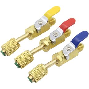 3 Color R410A Angled Compact Shut-Off Ball Valve 5/16in SAE Female to 1/4in SAE Male, 3 Colors Shut-Off Ball Valve Adapters, Fits for R134A R12 R22 R502 Charging Hoses HVAC Air Conditioning