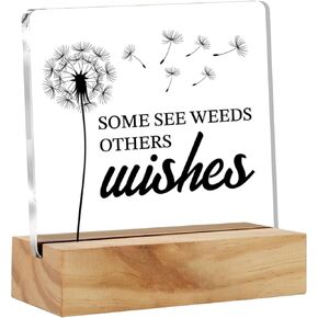 Wishes Gifts for Women, Dandelion Clear Acrylic Sign with Wood Stand Table Sign Decoration Present