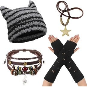 JaGely 4 Pcs Therian Accessories for Women Cat Fairy Gloves Y2k Necklaces Bracelets Clothing Jewelry for Music Festival Party