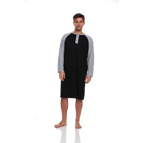 Mens Nightshirt - Long Sleeve Lounge, Sleep Henley Shirt Pajama - Mens Nightgown/Big Sleeping Top, Black
