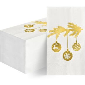 Horaldaily 100 Christmas Disposable Paper Decorative Guest Napkins, Gold Foil Xmas Ball Hand Towel for Party Lunch Dinner Kitchen Bathroom