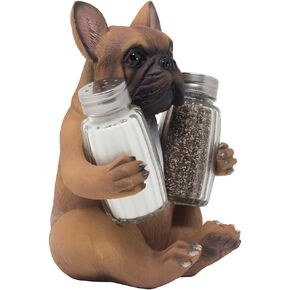 French Bulldog Puppy Dog Salt and Pepper Shaker Set Figurine with Decorative Spice Display Stand Holder for Canine Kitchen Decor or Dining Room Table Decorations As Housewarming Gifts for Pet Lovers