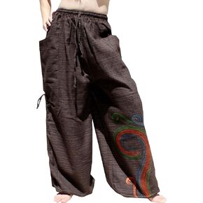 RaanPahMuang Striped Cotton Baggy Harem Aladdin Pants Elastic Waist Painted Art