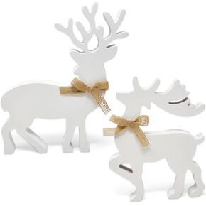 Set of 2 Wooden Christmas Reindeer Table Decorations Centerpiece Holiday Rustic White Wood Reindeers Figurine Tiered Tray Tabletop Sign Decor for Office Dining Room Mantle Home Xmas Party Supplies
