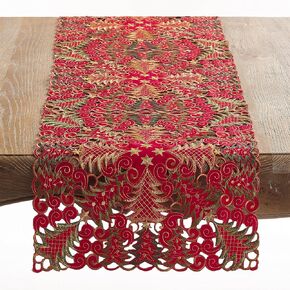 SARO LIFESTYLE QX296.R1690B Panettone Collection Christmas Tree Cutwork Table Runner, 16" x 90", Red